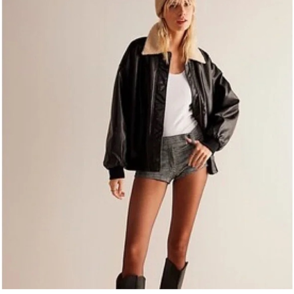 Black Bomber Jacket with Plush Collar and Shiny Finish - Picture 6 of 6